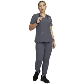 STAT MEDICAL WEAR Women Scrub Set, V-Neck Top with 3 Pockets and Drawstring Jogger Pant with 5 Pockets - 100210, L, Pewter