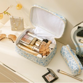 HBselect 3 PCS Quilted Makeup Bag, Cotton Large Travel Makeup Bag, Cute Floral Coquette Make up Bag Cosmetic Bag Toiletry Bag for Women Girls