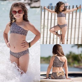 Toddler Infant Baby Girl Swimsuit Leopard Ruffle Swimwear Bikini Tankini Sunsuit 2Pcs Summer Bathing Suit (One Shoulder-Leopard+Headband, 6-12 Months)
