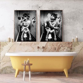 WADBTP Fashionable Lady Picture Set, Black White Cute Animal Picture, Funny Scottish Highland Cow Wall Art in Bathtub, for Living Room, Bathroom, Bedroom, Decor, Frameless (2pcs-HB2, 2pcs-30x40cm)
