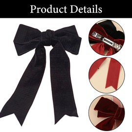 2 Pcs Hair Bows for Women, Black Hair Bows Velvet Burgundy Red Bow Hair Clips, Large Hair Bows Long Ribbon Spring Hairpin Solid Color Hair Ribbon Bow Headwear Party Gifts for Girls Women