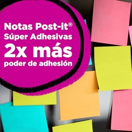 Post-it Notas Súper Adhesivas, Doble poder de adhesión, Colores Neón, 7.6cm x 7.6 cm, 4 pads, 45 hojas por pad