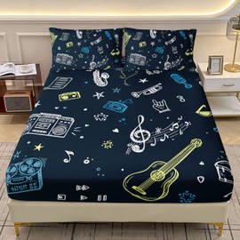 AILONEN Music Fitted Sheet Set - Full Size, Musical Instrument Bedding Set for Kids, 3 Pieces Rock Note Graffiti Music Bed Sheet Set, 1 Fitted Sheet and 2 Pillowcases