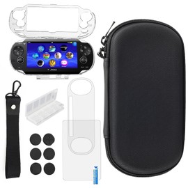 12-in-1 Accessories Kit for PS Vita 1000 - Black Case with Front & Back Protector, crystal protective cover for PSV1000,6Pcs Thumb Grip Caps, card box, wristband hanging rope