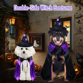 PAYHTOW Dog Halloween Costumes, Dog Witch Costume Funny Pet Witch Cloak Cape Wizard Hat Holiday Outfit Clothes Halloween Costumes for Small Medium Large Dogs Pets (Large)