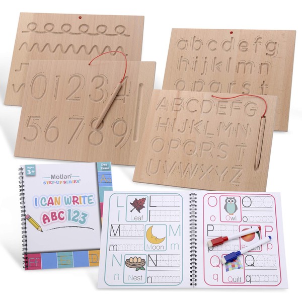 Motlan Montessori Wooden Alphabet & Numbers Tracing Board w/Dry Erase