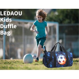 Kids Duffle Bag Boys Girls Overnight Travel Sport Gym Bag Weekender Carry On Shoulder Bag with Shoe Compartment & Wet Pocket (Soccer Black Blue)