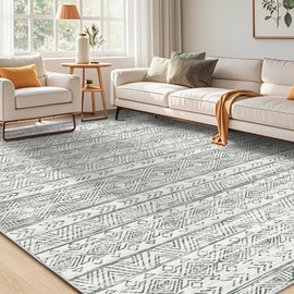 WITSHOCK Living Room Area Rug 8x10: Boho Moroccan Area Rugs Machine Washable Rug for Bedroom Under Dining Table Non-Slip Stain Low Pile Resistant Soft Rug for Indoor Kitchen Office Home Decor, Grey