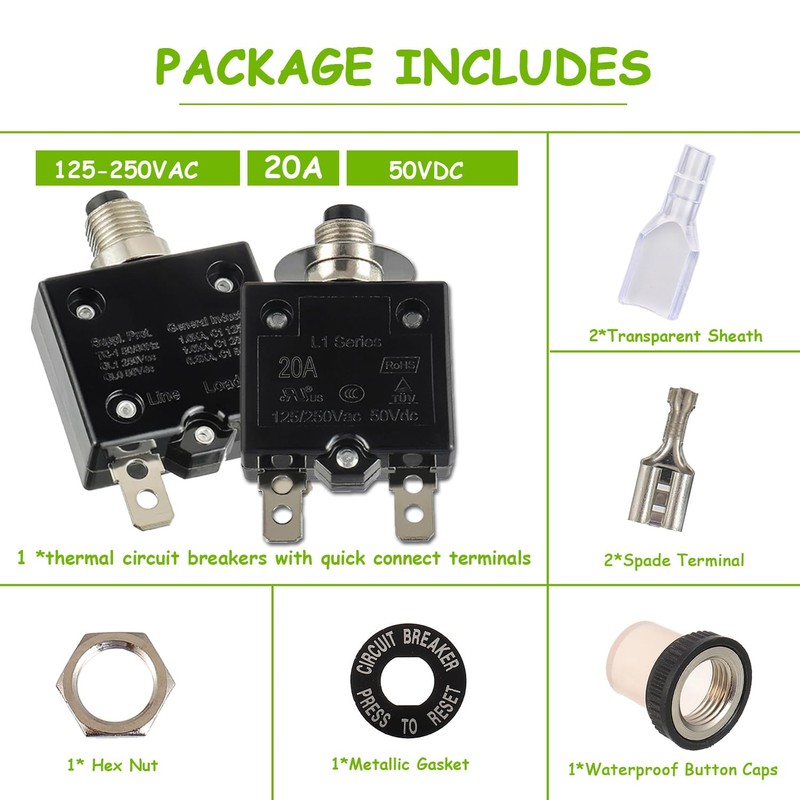 EPLZON 20A Manual Reset Push Button Circuit Breaker 125/250V AC