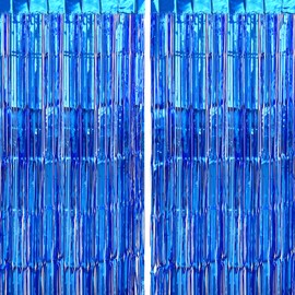 CHRORINE 2pcs 1m x 2.5m Blue Metallic Tinsel Foil Fringe Curtains, Party Streamers Backdrop for Kids Boy Birthday Baby Shower Bachelorette Bridal Shower Blue Party Decorations