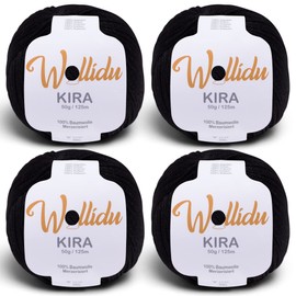 Wollidu Kira 100% Cotton for Knitting and Crocheting 4 x 50 g Set Crochet Yarn Knitting Yarn Black