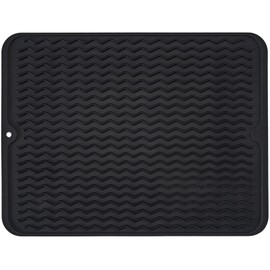 Silicone Dish Drying Mat, Non-Slip Easy Clean Sink Mat Large Heat-resistant Dish Drainer Mat for Kitchen Counter, Sink, Refrigerator or Drawer liner (16" x 12", BLACK)