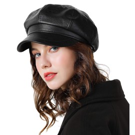 Genfien Beret Hat Classic Solid Color French for Women Newsboy Cap Beaker Boy Faux Leather Hats for Ladies Black