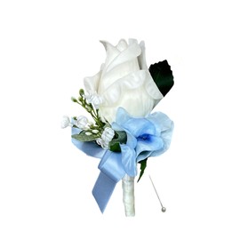 Angel Isabella Real Touch Artificial Rose Boutonniere-Silk Hydrangea Baby's Breath-Pin Included (Baby Blue)