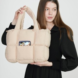 NAARIIAN Puffer Tote Bag for Women, Lightweight Quilted Puffy Shoulder Handbag with Adjustable Shoulder Strap, Beige With Organizer, Large