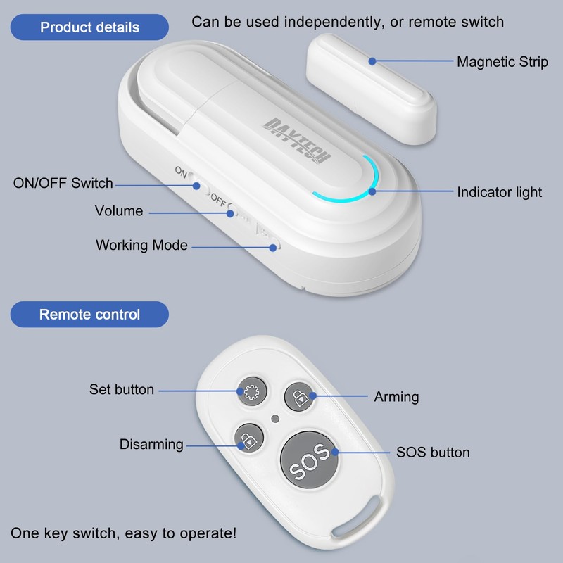 DAYTECH Door Alarm with Remote, 0-120dB Door Alarm Sensor When