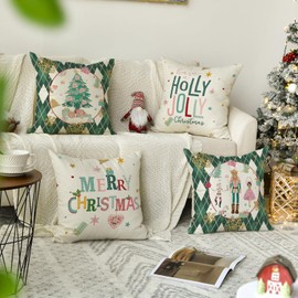 Artoid Mode Dark Green Diamond Plaid Nutcracker Tree Merry Christmas Cushion Covers Set of 4 40 x 40 cm Winter Decorative Cushion Cover Couch Living Room Decoration