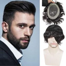 Vennsian Men’s Toupee 100% Human Hair French Lace Center PU Around Hair Replacement System for Men Natural Hairline 10x8Inches 6 Inch Hair Medium Density 1B Black Color