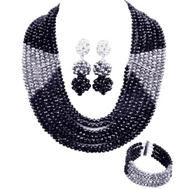 aczuv 8 Lines Statement Strand Necklaces Nigerian Wedding African Beads Jewelry Set Crystal Bridal Jewelry Sets (Black Silver)