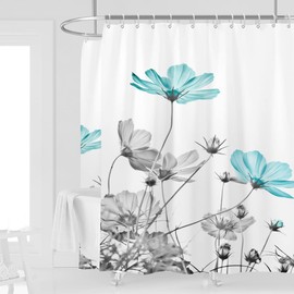 Kikiry Extra Wide Shower Curtain 108''W x 72''L Clawfoot Tub Wrap Around Teal Gray Daisy Floral Elegant Flower Wildflower Bathroom Curtains Accessories Polyester Fabric18 Pack Hooks