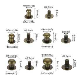 uxcell 4/5/6/7/8mm Ball Head Stud Rivets Screw Back, 50Pack Round Head Button Nipple Rivet for DIY Leather Craft Handbag Belt, Bronze Tone