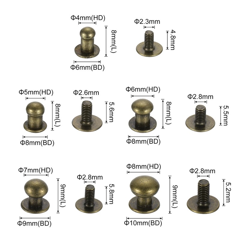 uxcell 4/5/6/7/8mm Ball Head Stud Rivets Screw Back, 50Pack Round