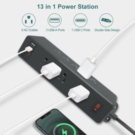 9 Outlets Wall Mount Power Strip with USB C HdcTek Double Side Outlet Extender Fast Charge USB-A Ports & 1 PD USB-C Port Flat Plug Mountable Desk Charging Station for Office Home Dorm (Black)