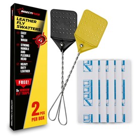 Insectifuge Leather Fly Swatter 2 Pack with 5 Window Fly Traps - Heavy Duty Fly Swatter Manual, Retractable Indoors Outdoors, Large Swatters Multi Pack Long Handle, MATA Moscas