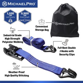 MichaelPro 4 Pack 1.5" x 15' Ratchet Tie Down Straps with J-Hook Safety Latches, 3300 lb Break Strength, for Moving Cargo, Appliances, Lawn Equipment, Motorcycle, Storage Bag Included | MP021002