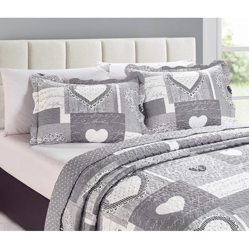 Brilliant Sunshine Grey Heart Love Patchwork, 3-Piece Quilt Set, Reversible