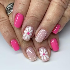 Press on Nails Medium Fake Nails with Flower Dot Designs Pink Acrylic Nails Glossy Glue on Nails Full Cover False Nails Spring Summer Artificial Nails Reusable Stick on Nails for Women 24 Pcs