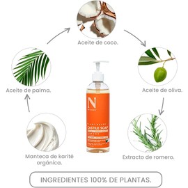 Dr. Natural Jabón de Castilla Líquido para Cuerpo Natural, Orgánico, Sin Sulfatos y Parabenos Shampoo y Jabon Facial Hecho de Plantas, Aceite de Oliva, Coco y Palma, Manteca de Karité y Romero (Almendra)
