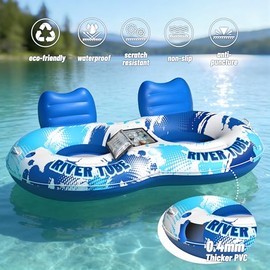 JOSEN Inflatable River Tube Float - 2 Person Heavy Duty River Float, Pool Floats Adult, Lake River Floats Water Tubes for Floating with Removable Cooler & Cupholders for Summer Relaxation