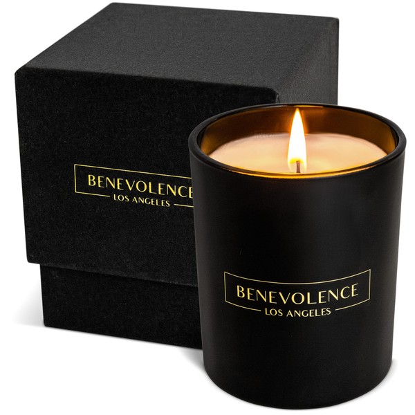 Benevolence LA Oud Wood Hand Poured Scented Candles, 8 oz | 45 Hour Burn, Long Lasting, Highly Scented, All Natural Soy Candles | Relaxing Aromatherapy Candle with Matte Black Glass Gift Box