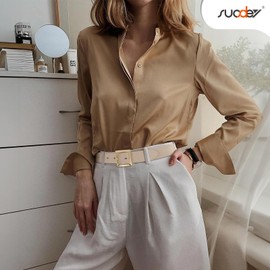 SUOSDEY Women Leather Belt for Jeans Pants, Ladies Dress Waist Belt with Square Gold/Silver Buckle beige