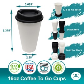 Rolling Sands USA Made 16 oz Reusable Coffee Cups with Lids 24 Pk, To Go Travel Cups, Hot or Cold Drinks, Dishwasher and Microwave Safe, White Cups, Black Lids