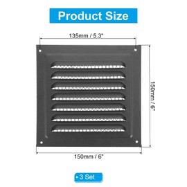 PATIKIL 6x6" Stainless Steel Gable Vent, 3 Pcs Exterior Wall Outlet Vent Cover HVAC Air Grille Louvered Screen Mesh for Kitchen Bathroom Ventilation, Black