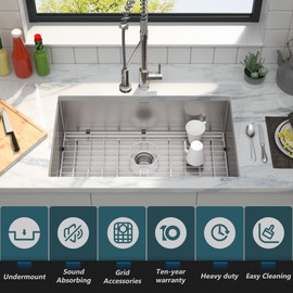 MENSARJOR Undermount Kitchen Sink, 304 Stainless Steel Round Corner Single Bowl Deep Kitchen Sinks, 10-inch Deep Large Bar Sink, 30"X18"Inch