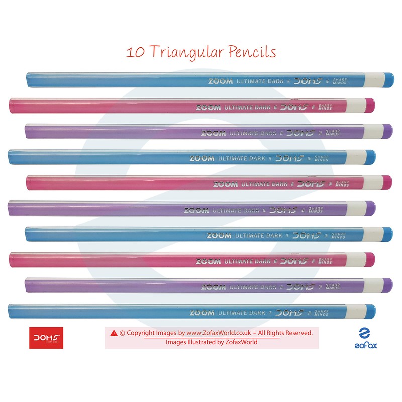 Doms Triangular Wood Graphite 10 Pencils With Eraser Sharpener For