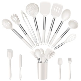 E-far 14 Pieces Silicone Cooking Utensils Set, Kitchen Utensils Set with Holder, Spatula, Ladle, Spoon, Tong, Slotted Turner for Nonstick Cookware, 446°F Heat Resistant & Stainless Steel Handle, White
