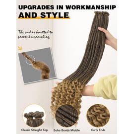 WIGNEE Braid in Dreadlock Extensions 20 Pcs Boho Crochet Braids with Curly Ends 3 In 1 Pre-looped Synthetic Dreads Soft Bouncy Goddess Crochet Hair for Daily Party(1B/27)