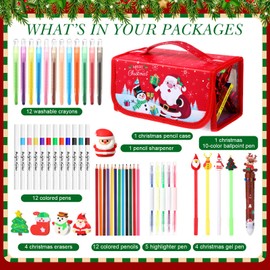 Pasimy 52 Pcs Christmas Washable Markers Set for Kids with Claus Pencil Case, Art Supplies for Kids Ages 4-6-8, Art Coloring Drawing Kit Xmas Birthday Gift for Girl Boy with Crayons, Pencils, Erasers