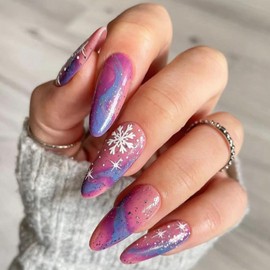 Christmas Press on Nails Almond Winter Snowflake Acrylic Nails Colorful Starry Sky Design False Nails French Tip Fake Nails Full Cover Glossy Artificial Coffin Nails Glue on Nails for Women 24Pcs