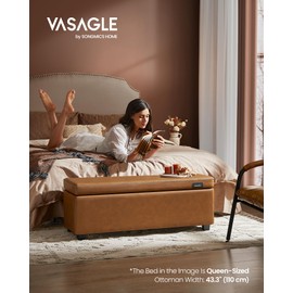 VASAGLE EKHO Collection - Storage Ottoman Bench, Entryway Bedroom Bench, 25 Gallons, Synthetic Leather with Stitching, Mid-Century Modern, Safety Hinges, Loads 660 lb, Caramel Brown ULOM075K01