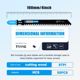 MUOZLOP 50pcsT111C Jigsaw Blades，8TPI Jig Saw Blades with Storage Case,T-Shank jig Saw Blades for Wood Cutting (50pcsT111C)
