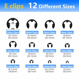 220‑Piece 2mm–12 mm E‑Clip Set – Carbon Steel Circlip Assortment Kit with Compartmented Organizer