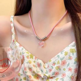 Allereyae Vintage Pink Resin Heart Necklace Love Heart Pendent Necklace Puffed Heart Chain Necklace Heart Rope Necklace Cotton Rope Necklace Jewelry for Women