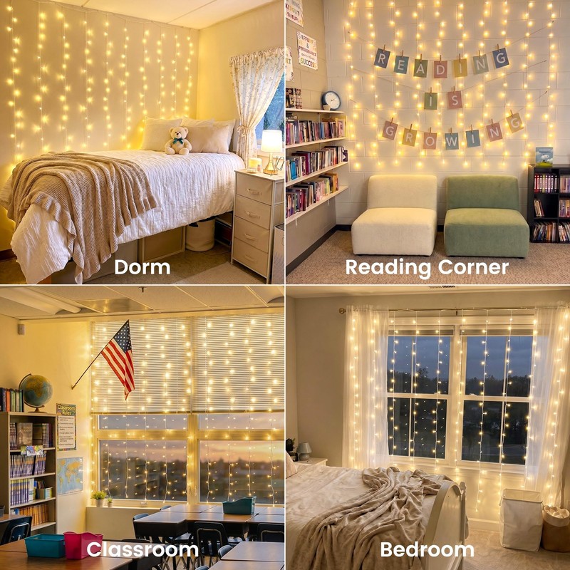 HEYFUNi 6.6FT x 6.6FT Warm White Curtain Lights Plug in,