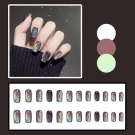 Nail Tip, Short, False Claws, Stylish, Cat Eye Stone, Short Nail Tip, Set of 24, Glossy, Glitter, Cute, False Nails, Magnet, Popular Nail Tip, Fake Nail, Simple, Handmade, Nail Seal, Nail Art, DIY