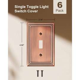 TREEWELL 6-Pack Single Toggle Light Switch Cover Plate, Pearls Decorative Switch Plate Covers, Antique Copper 1 Gang Metal Wall Plate, Corrosion Resistant